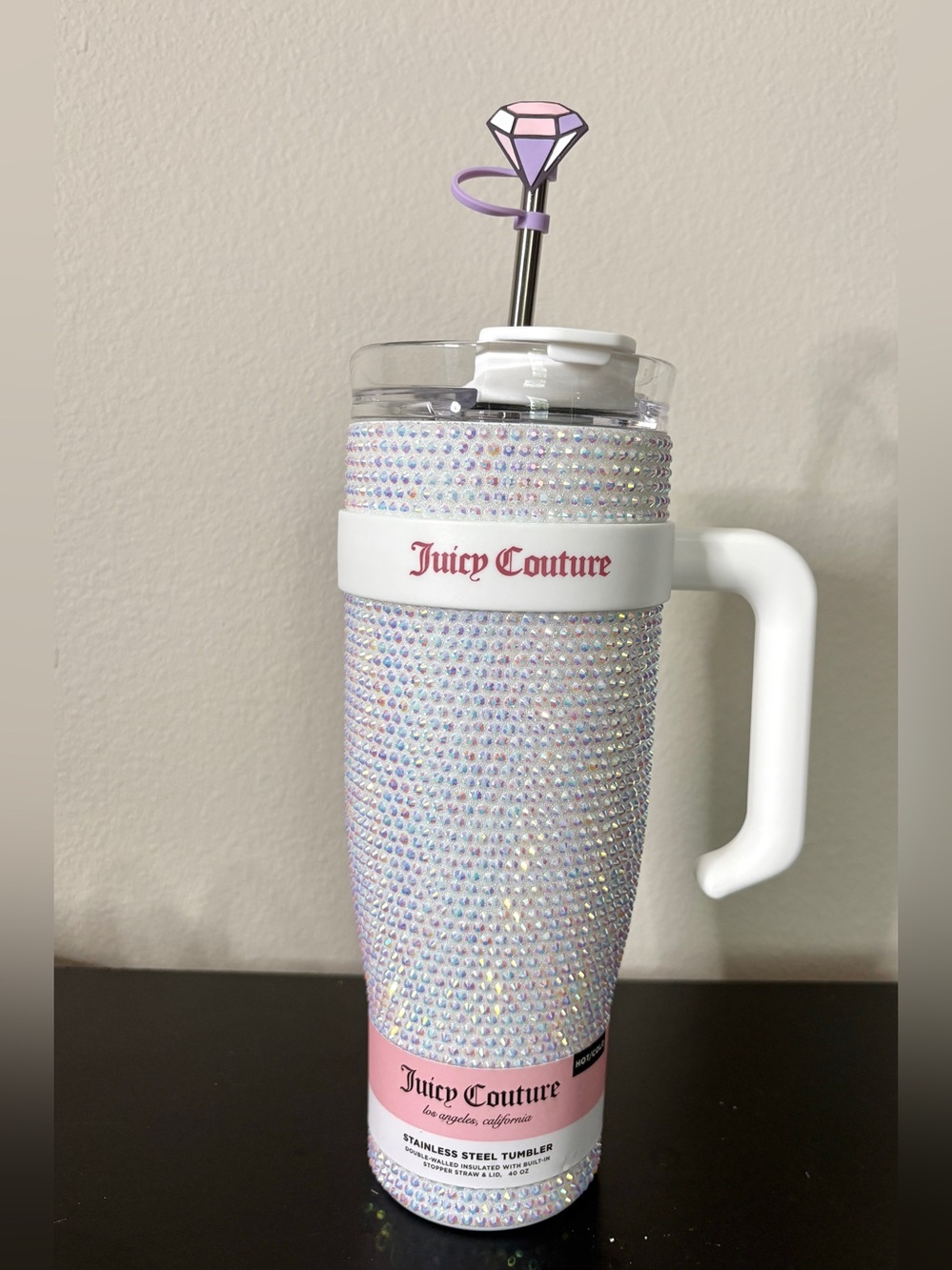 Juicy Couture Iridescent Crystal Tumbler with White Handle - Pink Accents